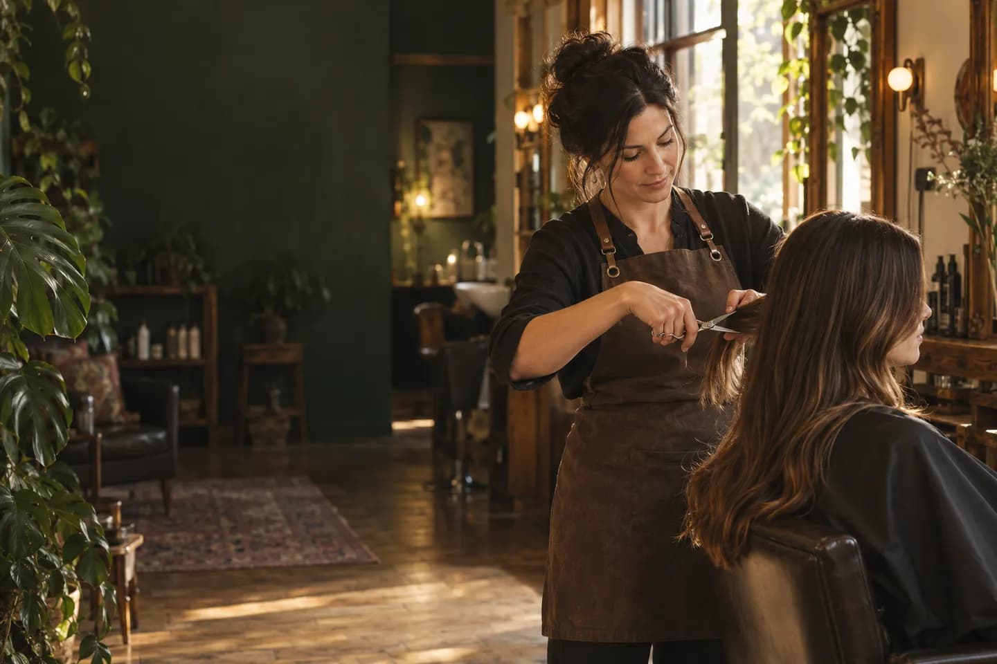 Illustrative stylist working with a client in an independent salon